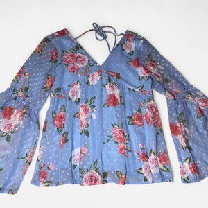 Medium V-Neck Floral Blouse, Bell Sleeves & Tie on Back of Neck . Worn Once.